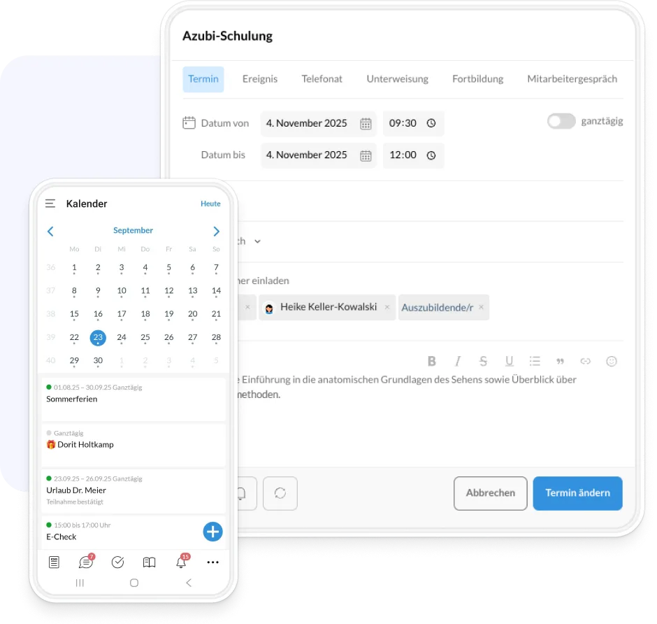 Kalender in Elisana360 am Desktop und auf dem Smartphone