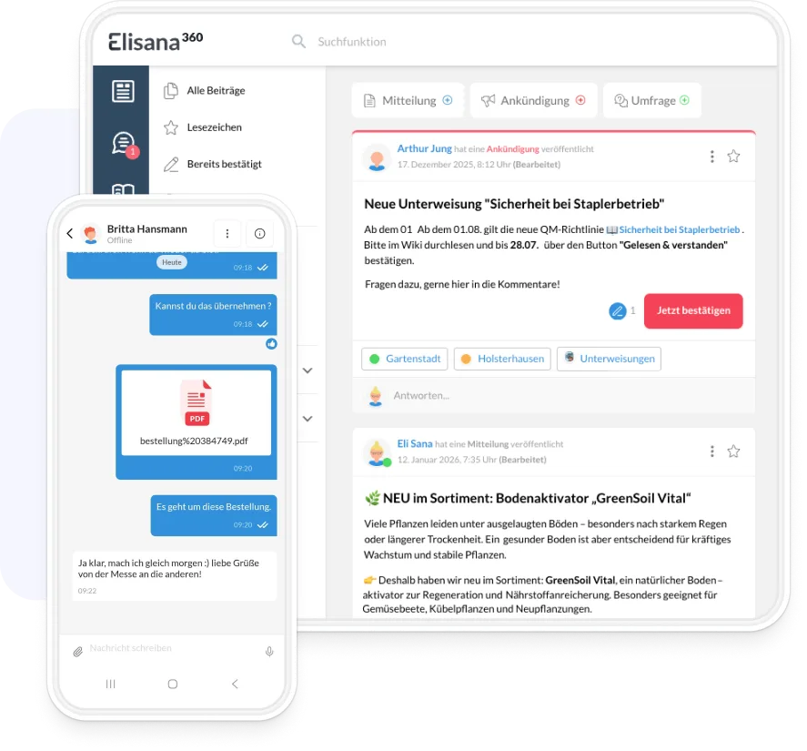Journal und Chat in Elisana360 am Desktop und auf dem Smartphone