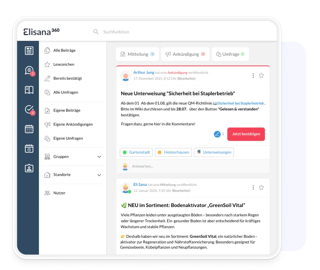 Pinnwand mit Beiträgen im Elisana360 Journal am Desktop