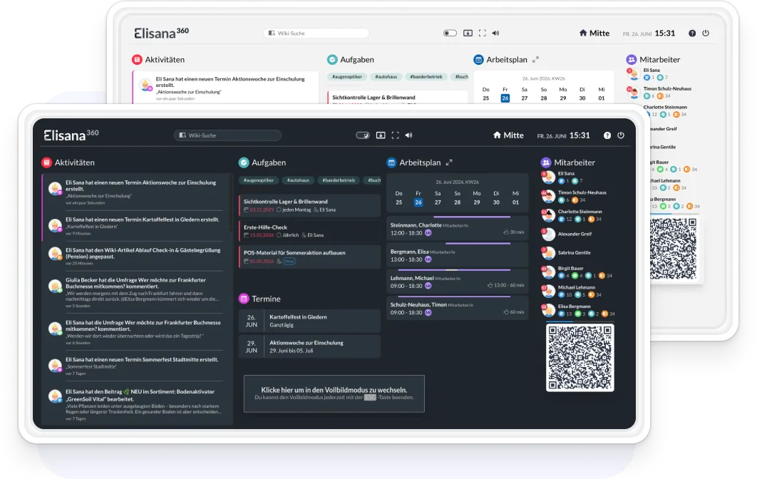 Elisana360 Schwarzes Brett auf einem Touch-Monitor im Betrieb