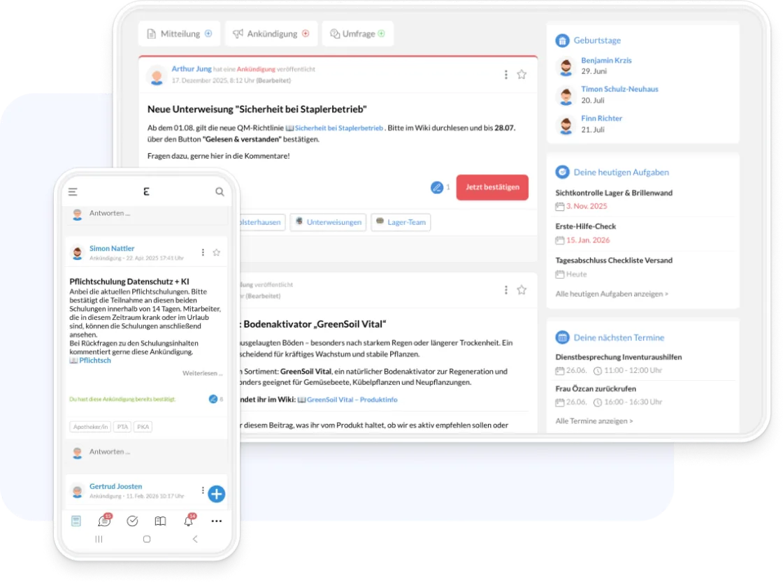 Journal und Chat in Elisana360 am Desktop und auf dem Smartphone