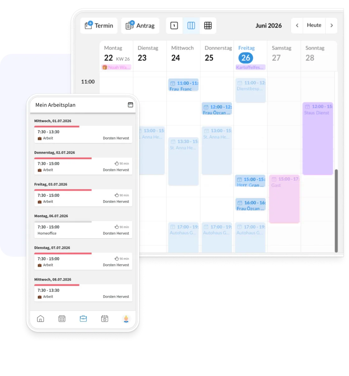 Kalender am Desktop und Arbeitsplan auf dem Smartphone in Elisana360