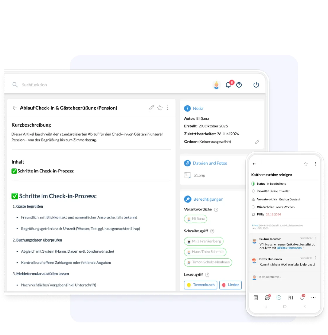 Wiki-Artikel und Aufgabenliste in Elisana360 am Desktop und auf dem Smartphone