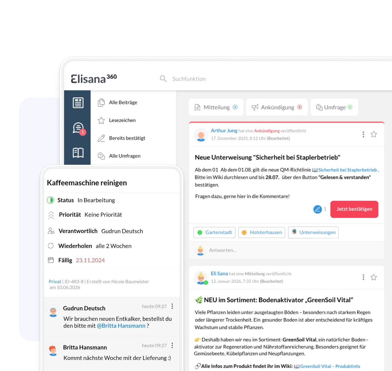 Elisana360 Dashboard am Desktop und Aufgabenliste auf dem Smartphone