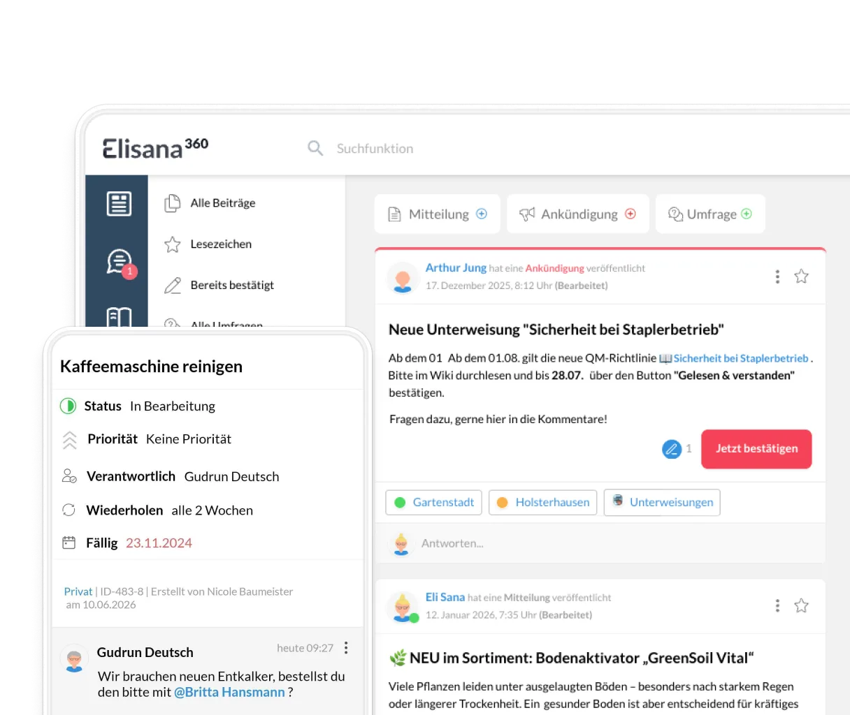Elisana360 Dashboard am Desktop und Aufgabenliste auf dem Smartphone