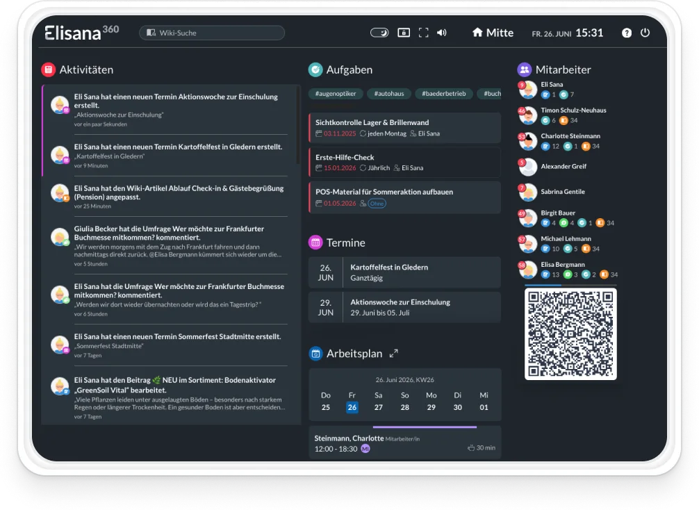 Live-Pinnwand von Elisana360 auf einem Bildschirm im Eingangsbereich