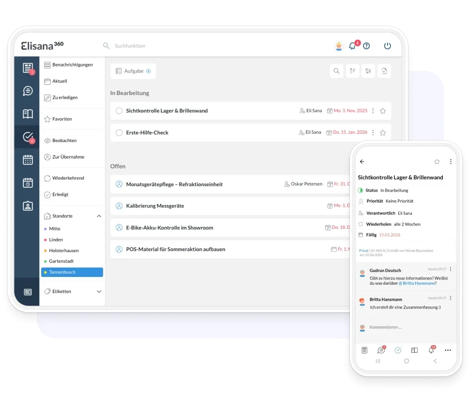 Aufgabenliste in Elisana360 am Desktop und auf dem Smartphone