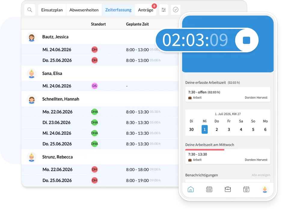 Zeiterfassung in Elisana360 am Desktop und als Stoppuhr auf dem Smartphone