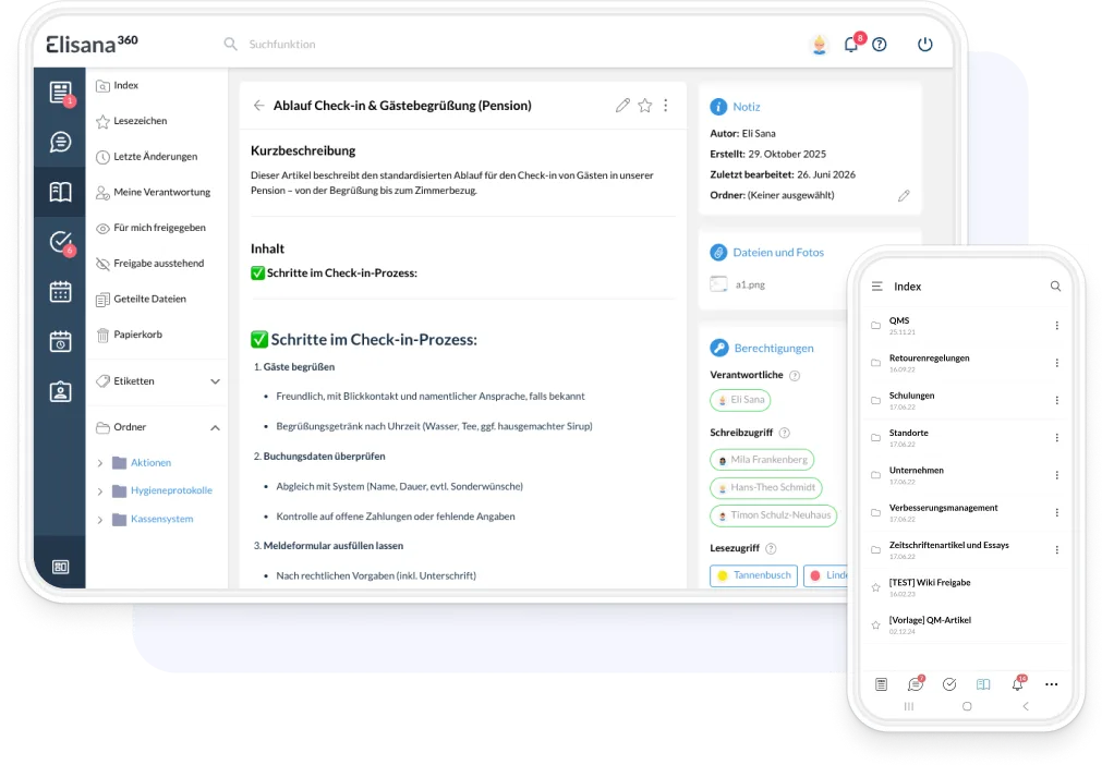 Wiki und Dateiablage in Elisana360 am Desktop und auf dem Smartphone
